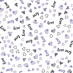 浅紫色矢量无缝模板与文字爱你，心。用爱的词来说明，用抽象的风格表达心灵。图案设计面料，壁纸。
