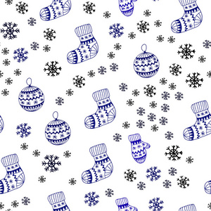 深色蓝色矢量无缝背景与圣诞节雪花，球，袜子，手套。现代几何抽象插图..设计为壁纸，面料制造者。