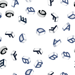 光蓝色矢量无缝纹理与三维ABC字符。用三维ABC符号抽象插图。纺织品织物壁纸的设计。