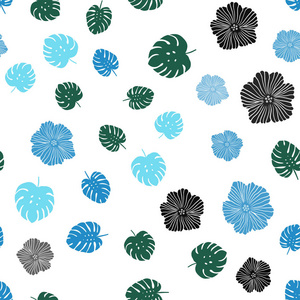 深色蓝色矢量无缝涂鸦图案与花，叶。现代抽象插图与树叶和花。模板为名片，网站..