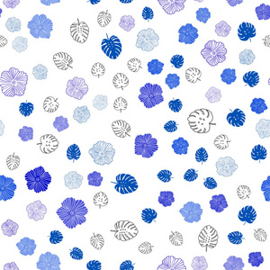 深色蓝色矢量无缝自然图案与叶子，花。白色背景上有渐变的叶子和花。时尚面料壁纸图案。