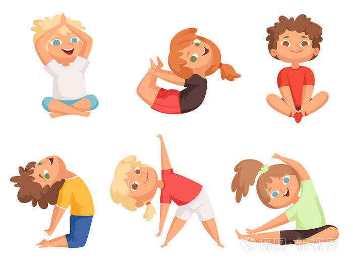 瑜伽的孩子.儿童做不同的瑜伽练习年轻的体操向量人物