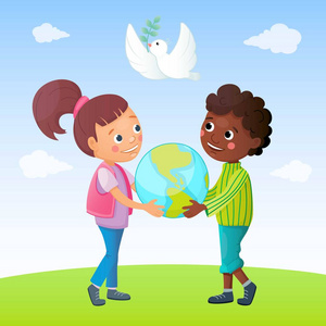 孩子和和平的概念。 带着绿叶的白鸽飞向天空。 男孩和女孩拿着地球仪。 友好关系。 矢量图。 卡通风格。