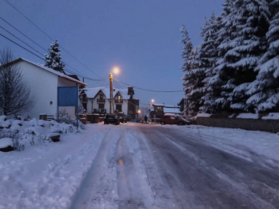 晚上可以看到小镇的景色, 路上有雪。雪中的树。巴库里亚尼山区滑雪胜地