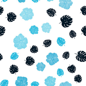 深蓝色矢量无缝自然背景与花叶。 五颜六色的涂鸦风格的插图与叶子的花。 壁纸面料制造商的设计。