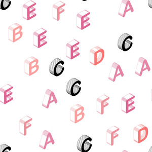浅粉红色矢量无缝背景与三维英语符号。 用孤立的字母闪耀着五颜六色的三维插图。 窗帘窗帘的纹理。