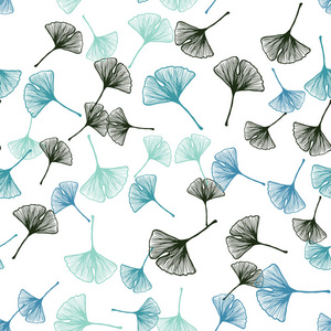 浅蓝绿色矢量无缝抽象背景与树叶。 创造性的插图，模糊的风格与叶子。 织物壁纸设计图案。