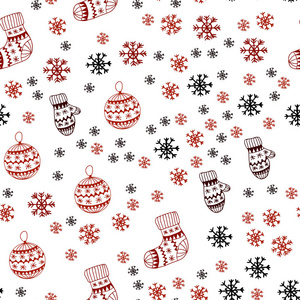暗红色矢量无缝纹理与彩色雪花球袜子手套。 圣诞风格的彩色装饰设计。 窗帘窗帘的纹理。
