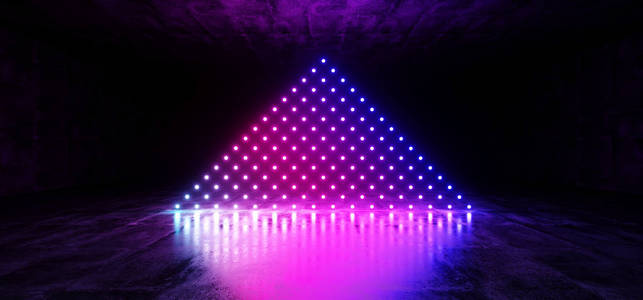 科幻未来网络现代外星舞蹈复古俱乐部舞台霓虹灯激光点三角形发光紫粉蓝色梯度GRUNGE混凝土三维渲染插图。