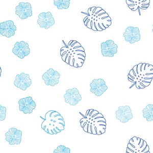 浅蓝色矢量无缝抽象背景与花叶。 白色背景上有梯度的叶子和花。 窗帘窗帘的纹理。