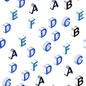 浅蓝色矢量无缝图案与三维ABC符号。 用孤立的字母闪耀着五颜六色的三维插图。 窗帘窗帘的纹理。