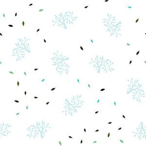 浅蓝绿色矢量无缝涂鸦布局与叶枝。 创造性的插图，模糊的风格与树叶树枝。 名片网站模板。