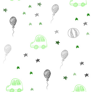浅绿色矢量无缝背景假日风格。 插图与渐变玩具汽车巴伦糖果星球。 新年广告的模式。