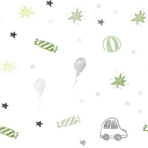 淡绿色矢量无缝背景在圣诞节风格。圣诞节风格的设计，包括玩具车气球糖果星星球。假日广告设计。