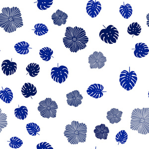 深蓝色矢量无缝涂鸦背景与花叶。 五颜六色的涂鸦风格的插图与叶子的花。 壁纸面料制造商的设计。