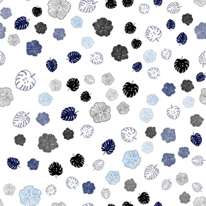 深蓝色矢量无缝抽象背景与叶花。 五颜六色的涂鸦风格的插图与叶子的花。 纺织品壁纸设计。