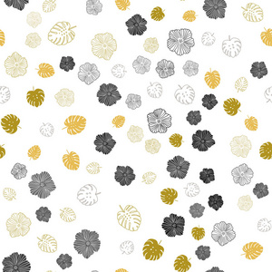 暗黄色矢量无缝涂鸦背景与叶子花。 闪耀的彩色插图与叶子和花。 纺织品壁纸设计。