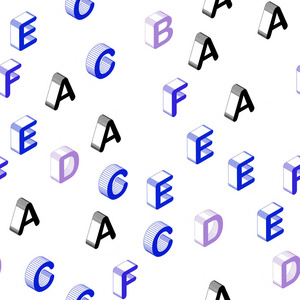 浅粉红色蓝色矢量无缝模板与三维孤立字母。 彩色梯度设计的3D风格与标志的字母表。 壁纸面料制造商的设计。