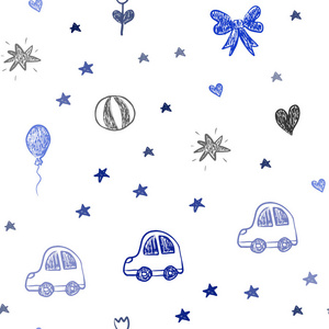 深蓝色矢量无缝纹理与生日礼物。 闪亮的插图与玩具车心巴伦郁金香糖球。 假日广告的设计。