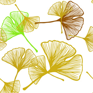 浅绿色黄色矢量无缝抽象图案与叶子。 闪亮的彩色插图与树叶涂鸦风格。 织物壁纸设计图案。