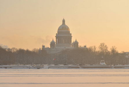 s Cathedral and frozen Neva river in St.Petersburg at sunny wint