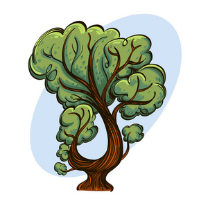 卡通风格的绿色弯曲树。 游戏设计和动画的景观元素。 在白色背景上隔离的矢量插图。