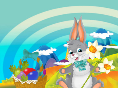 卡通快乐复活节兔子与美丽的花朵自然春天背景插图儿童