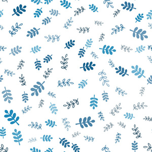 浅蓝色矢量无缝抽象背景与树叶树枝。 折纸风格的树叶和树枝的涂鸦插图。 时尚面料壁纸的图案。