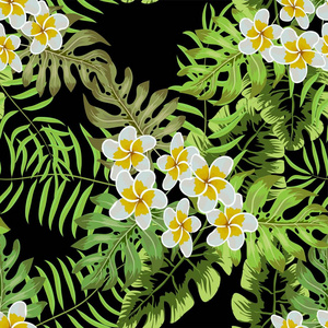 无缝热带花卉。 热带花卉和丛林棕榈。 美丽的织物图案，背景上有热带花卉。 梅花无缝图案背景