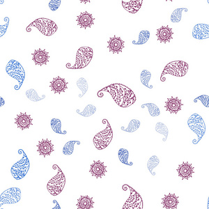 深粉红色蓝色矢量无缝涂鸦图案与叶子和花。 白色背景上印度风格的装饰设计。 壁纸面料制造商的设计。