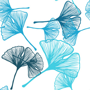 浅蓝色矢量无缝抽象设计与树叶。 带有梯度的模糊抽象背景上的叶子。 壁纸面料制造商的设计。