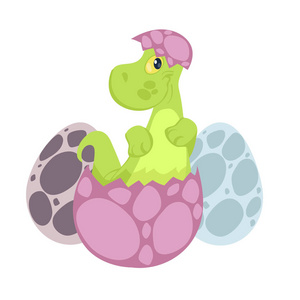 可爱的卡通恐龙从鸡蛋孵化。 在白色背景上隔离的矢量插图。