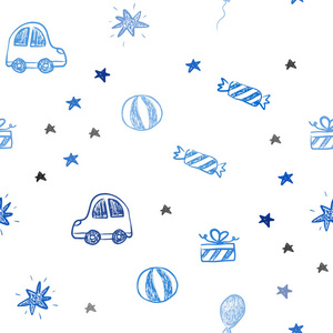 浅蓝色矢量无缝图案的圣诞风格。 插图与五颜六色的玩具汽车巴伦糖果星球。 设计五颜六色的广告。
