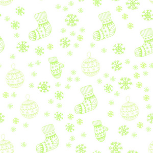浅绿色黄色矢量无缝布局与明亮的雪花球袜子手套。 圣诞风格的彩色装饰设计。 纺织品壁纸设计。