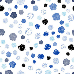 浅蓝色矢量无缝抽象背景与树叶花。 抽象模板上带有涂鸦的插图。 纺织品壁纸设计。