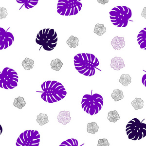 浅紫色矢量无缝抽象背景与花叶。 白色背景上粗糙的涂鸦。 纺织品壁纸设计。