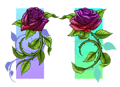 图形详细卡通红和紫罗兰玫瑰花茎和叶。 在白色背景上。 矢量图标集。