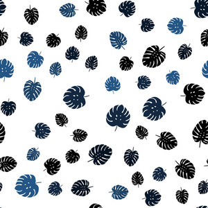 深蓝色矢量无缝优雅的背景与叶子。 一种模糊的抽象插图，叶子是涂鸦式的。 织物壁纸设计图案。
