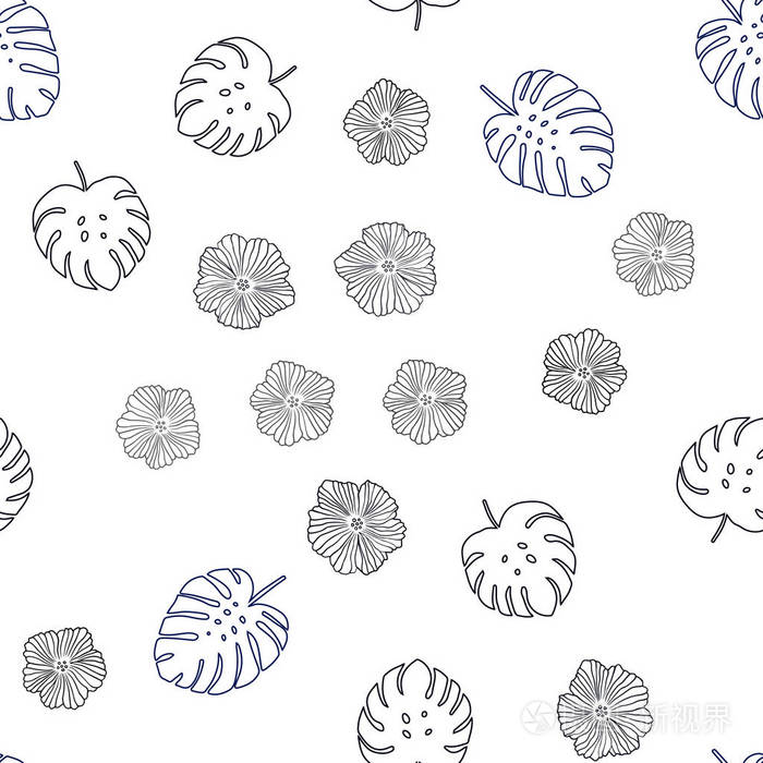 深蓝色矢量无缝抽象设计与花叶。 闪烁的抽象插图与叶子和花。 壁纸面料制造商的设计。