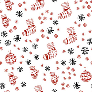暗红色矢量无缝图案与圣诞雪花球袜子手套。 圣诞风格的彩色装饰设计。 壁纸面料制造商的设计。