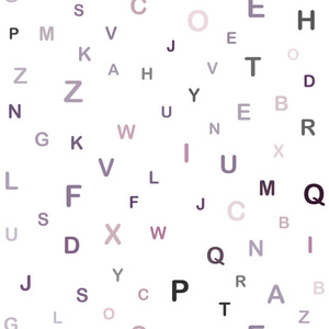 深紫色粉红色矢量无缝布局与拉丁字母。 用孤立的字母闪耀着五颜六色的插图。 壁纸面料制造商的设计。