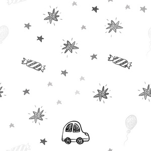 浅灰色矢量无缝背景圣诞风格。 闪亮的插图与玩具汽车巴伦糖果星球。 嘉年华节日广告的图案。