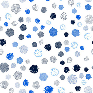 深蓝色矢量无缝优雅的壁纸与叶花。 五颜六色的涂鸦风格的插图与叶子的花。 织物壁纸设计图案。
