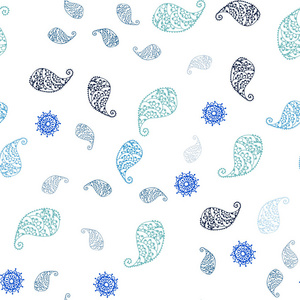 浅蓝绿色矢量无缝涂鸦纹理与叶子和花。 白色背景上印度风格的装饰设计。 纺织品壁纸设计。