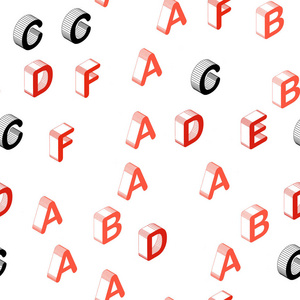 浅红色矢量无缝布局与三维拉丁字母。 彩色梯度设计的3D风格与标志的字母表。 窗帘窗帘的纹理。