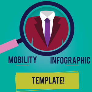 显示移动性信息图形模板的概念手写。展示移动设备数据可视化放大玻璃放大燕尾服和标签标签下方的商业照片
