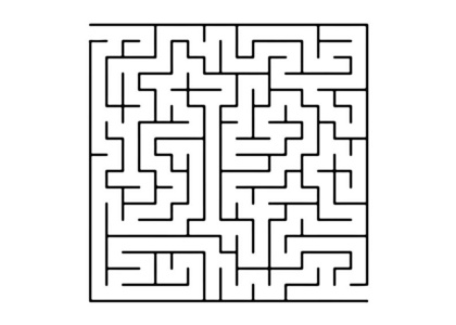 白色矢量模板与黑色迷宫拼图。 复杂的插图与迷宫上的白色模板。 教育杂志书籍的模式。
