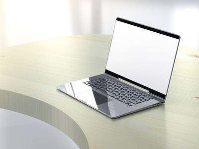 笔记本电脑在工作场所的办公桌上，为您的文本3D渲染提供复制空间。