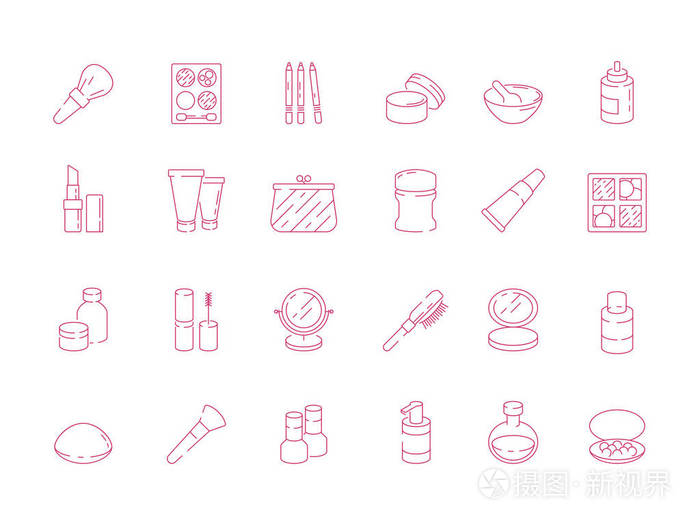化妆品图标. 美女化妆用品奶油凝胶口红眼影指甲油矢量轮廓图片.