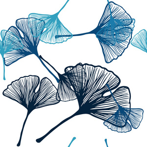浅蓝色矢量无缝涂鸦背景与叶子。 涂鸦插图的叶子折纸风格与梯度。 织物壁纸设计图案。